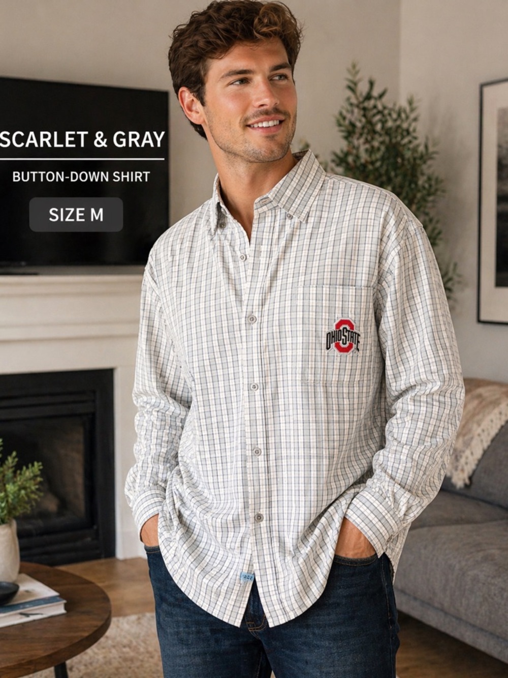 Ohio State Buckeyes Button Down Shirt Men’s M Plaid Scarlet & Gray OSU